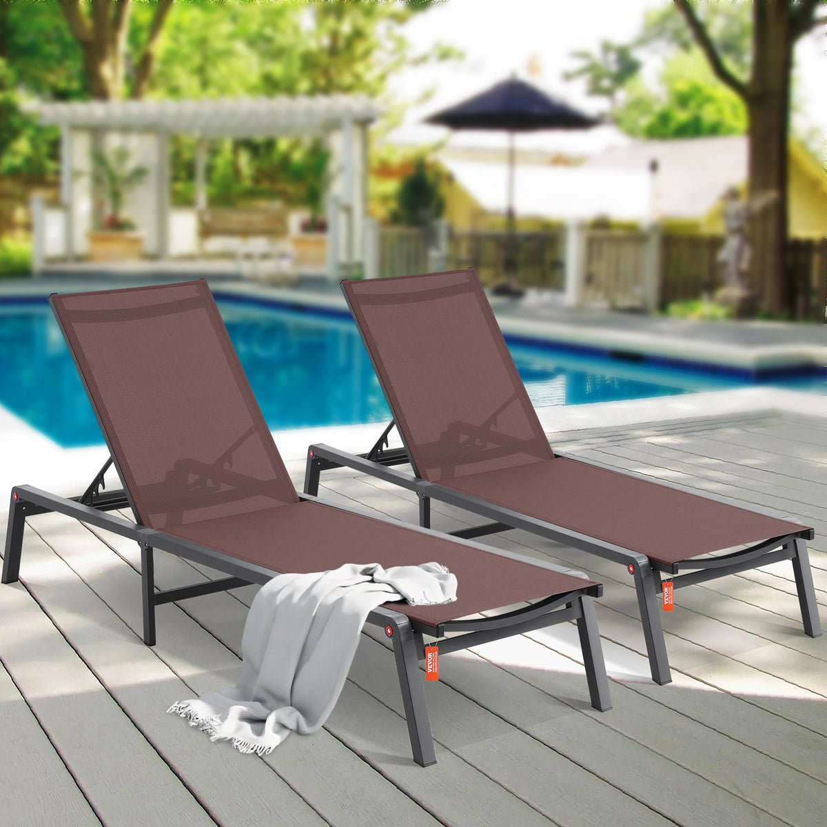Chaise Lounge Chairs Outdoor Aluminum 5-Position Folding Recliners Brown 2pcs