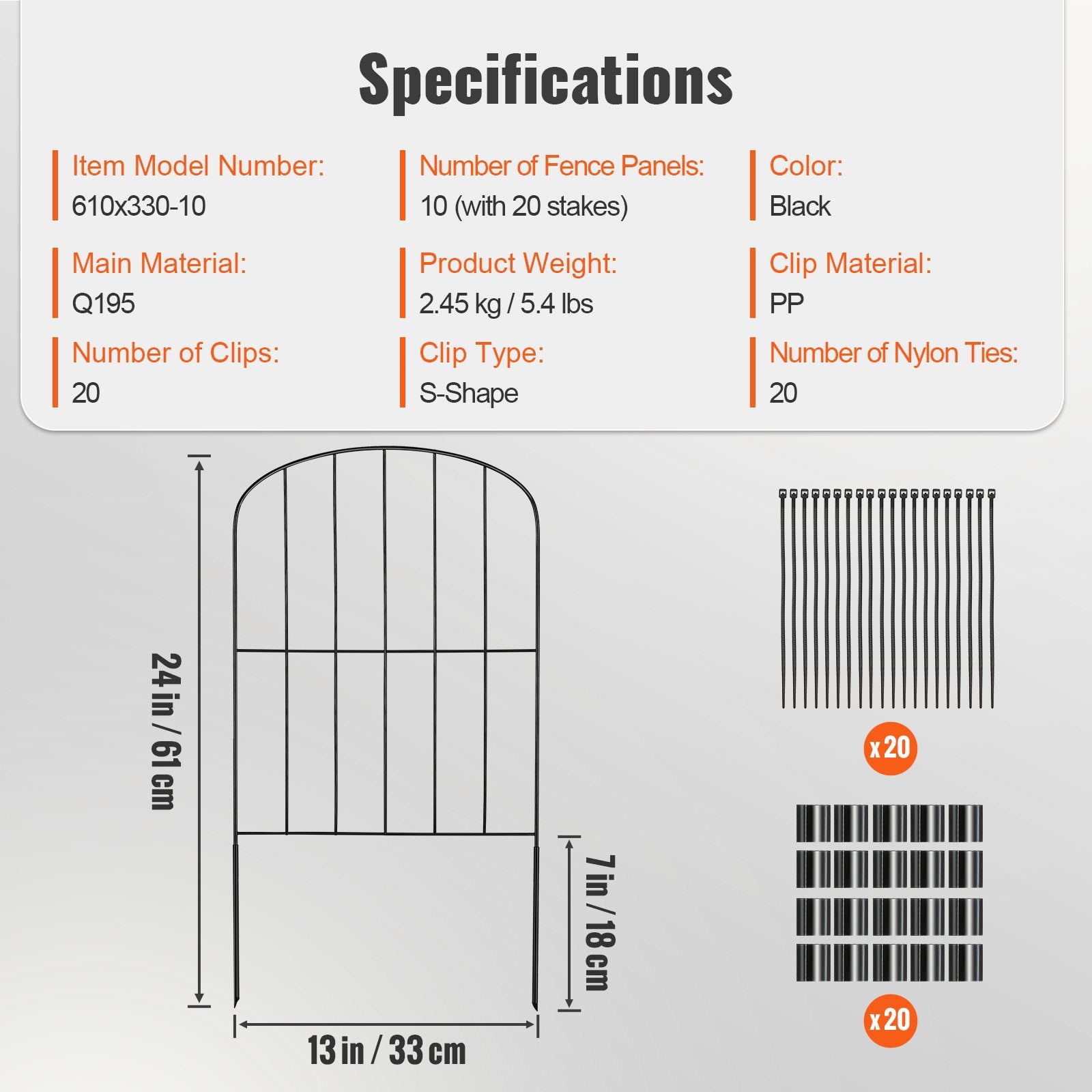Garden Fence 24"x11ft Animal Barrier Metal Dog Fence 10 Pack 2in Spike Spacing