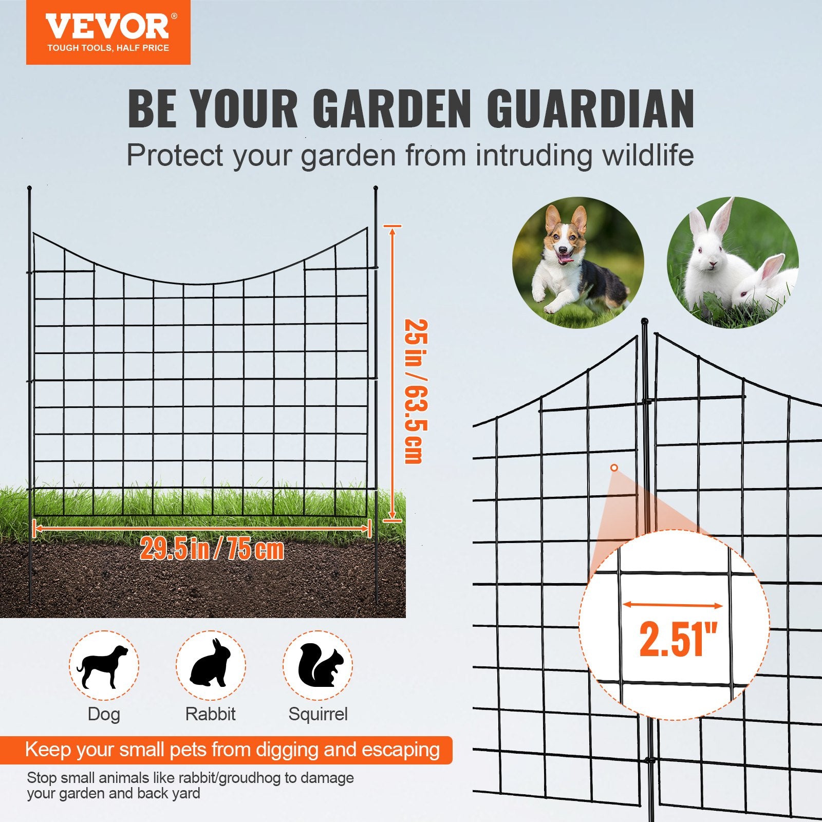 Garden Fence 75x93cm Animal Barrier Metal Dog Fence 6.38cm Spike Spacing 5Pack
