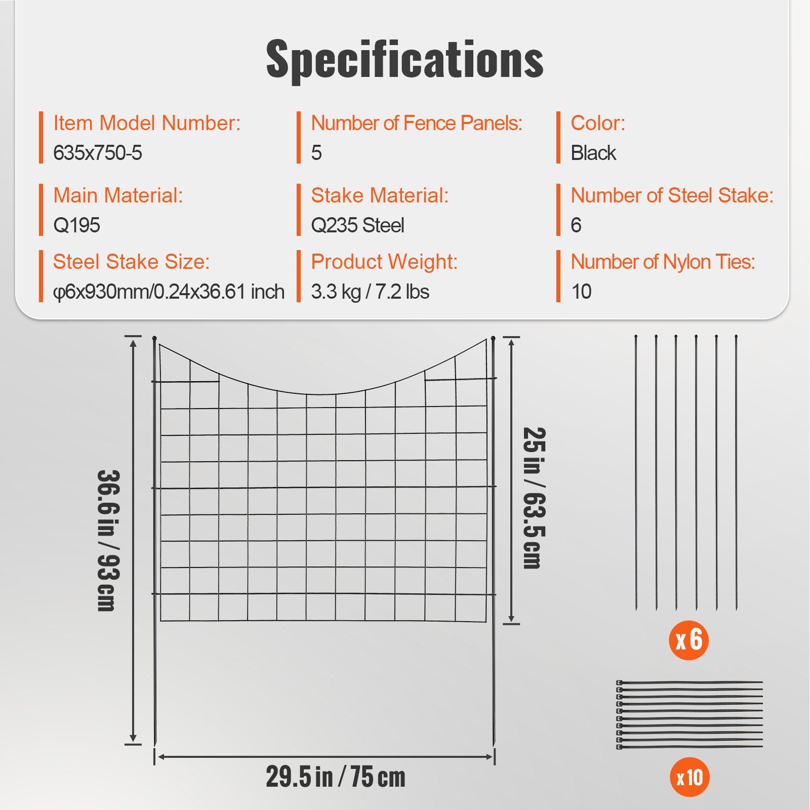 Garden Fence 75x93cm Animal Barrier Metal Dog Fence 6.38cm Spike Spacing 5Pack