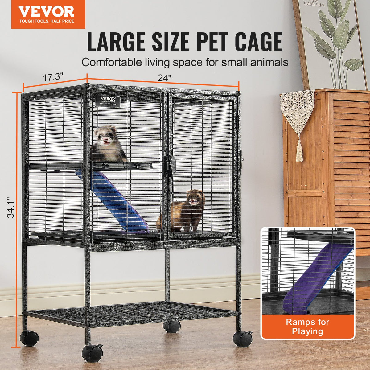 34" Rolling Metal Ferret Cage 2-Tier Small Animal Cage with Ramps and Tray