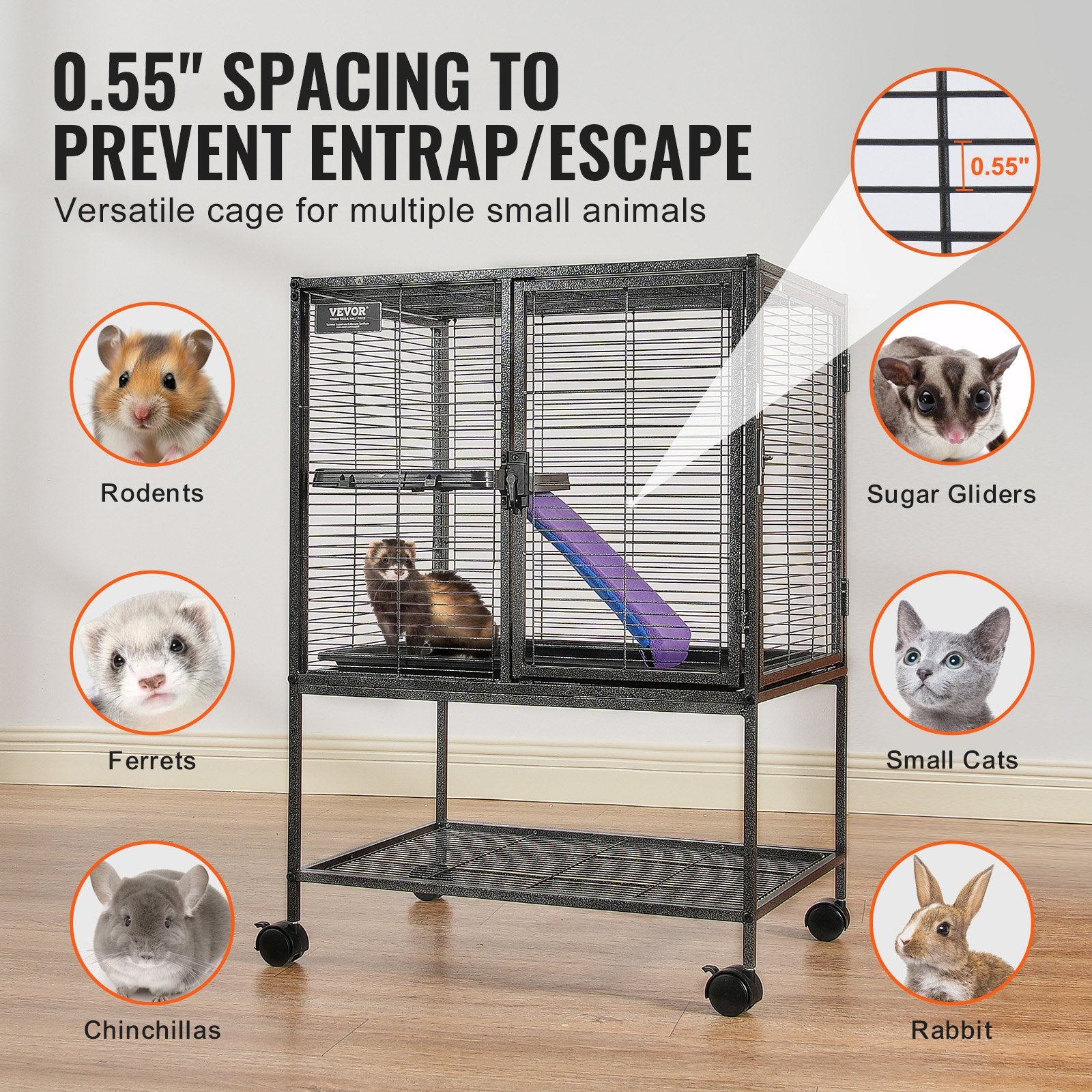 34" Rolling Metal Ferret Cage 2-Tier Small Animal Cage with Ramps and Tray