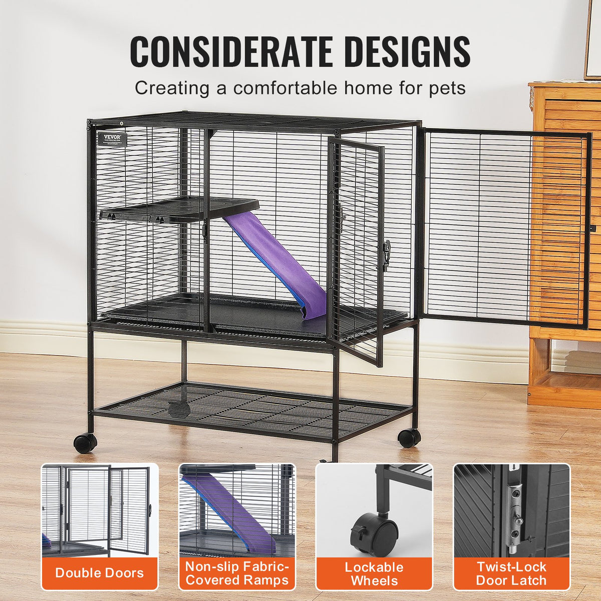 34" Rolling Metal Ferret Cage 2-Tier Small Animal Cage with Ramps and Tray