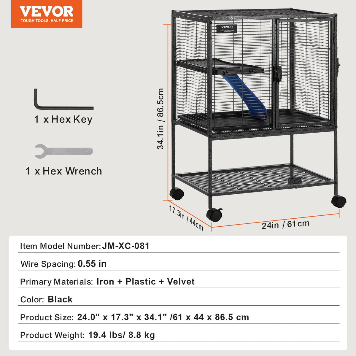 34" Rolling Metal Ferret Cage 2-Tier Small Animal Cage with Ramps and Tray