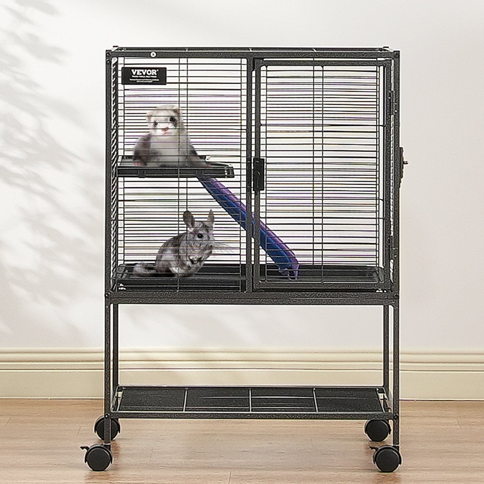 34" Rolling Metal Ferret Cage 2-Tier Small Animal Cage with Ramps and Tray