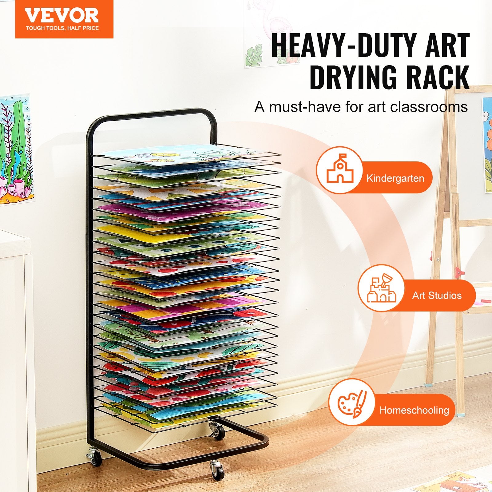 Art Drying Rack 25 Removable Shelves Lockable Wheels Carbon Steel Black