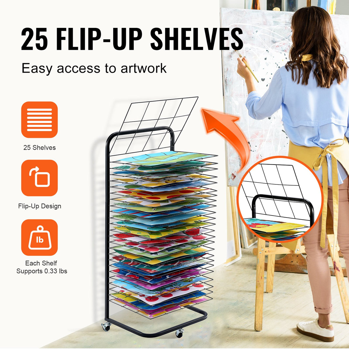 Art Drying Rack 25 Removable Shelves Lockable Wheels Carbon Steel Black