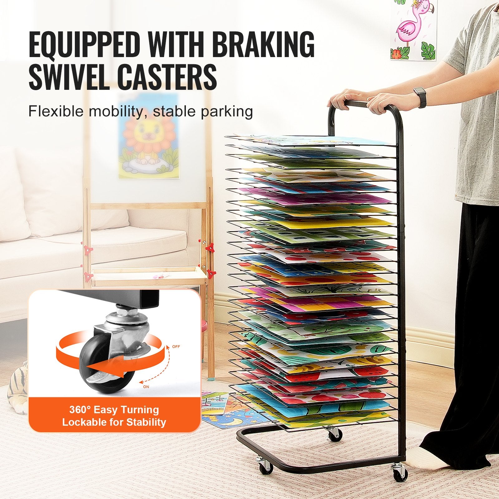 Art Drying Rack 25 Removable Shelves Lockable Wheels Carbon Steel Black