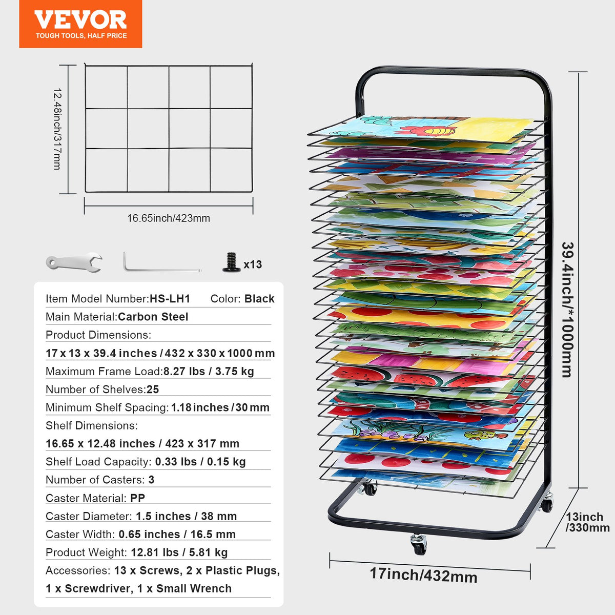 Art Drying Rack 25 Removable Shelves Lockable Wheels Carbon Steel Black