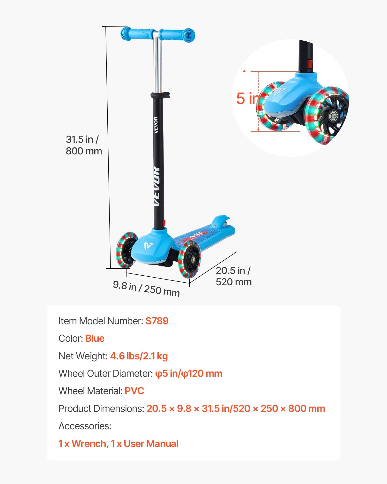 Kids Kick Scooter 3-Wheel Light-Up Adjustable Handlebar Anti-Slip Deck Blue