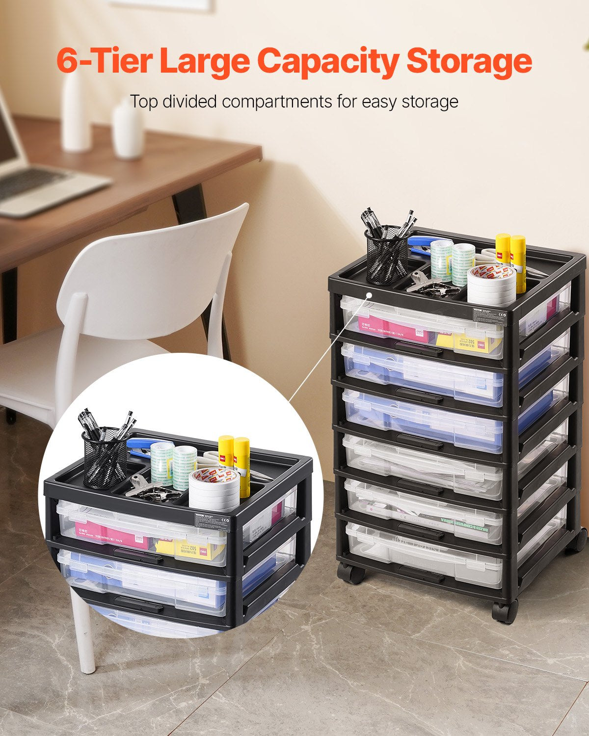 6 Tier Rolling Storage Cart with 6 Clear Boxes Organizer Top Wheels Craft