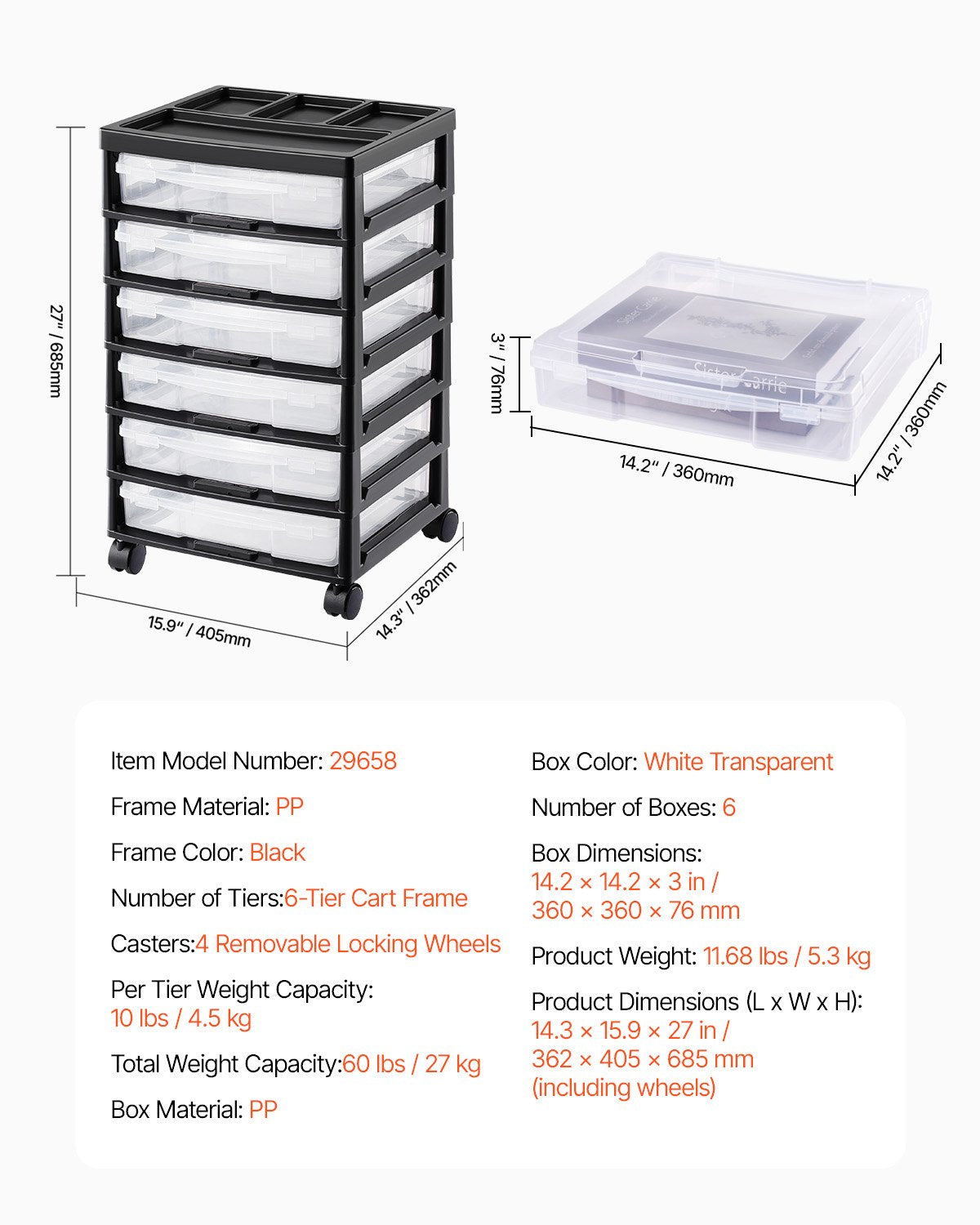 6 Tier Rolling Storage Cart with 6 Clear Boxes Organizer Top Wheels Craft