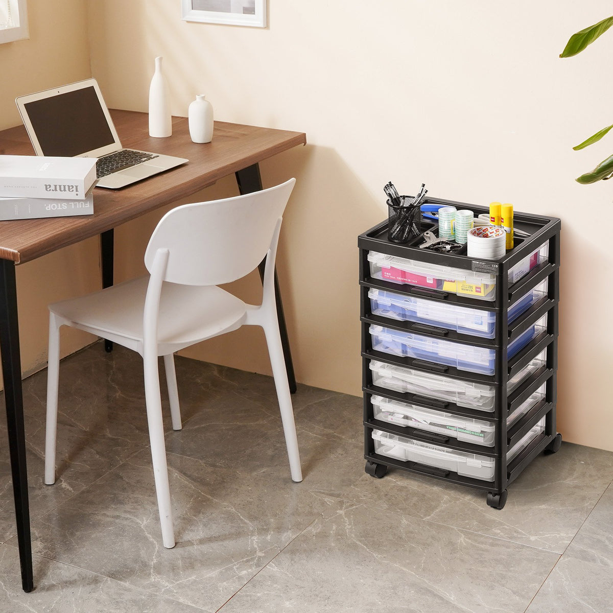6 Tier Rolling Storage Cart with 6 Clear Boxes Organizer Top Wheels Craft