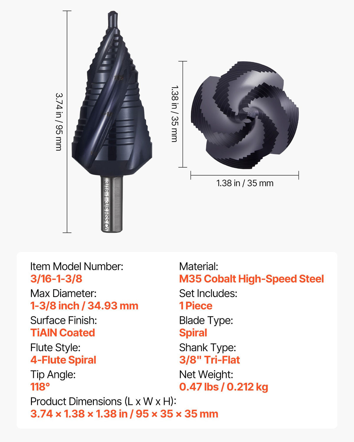 Step Drill Bit 4.76–34.93 mm, Triangular Shank, TiAlN Coated HSS, 4 Spiral Flute