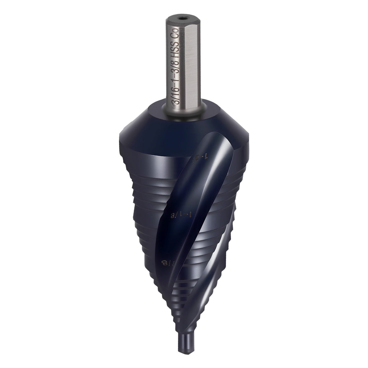 Step Drill Bit 4.76–34.93 mm, Triangular Shank, TiAlN Coated HSS, 4 Spiral Flute