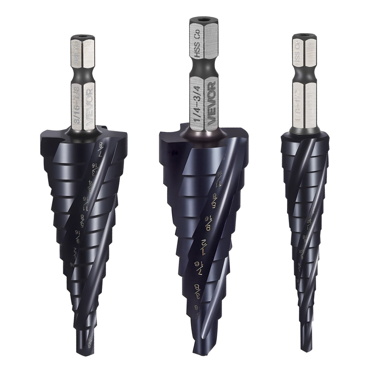 Step Drill Bit Set 3.2–22.2 mm, 3 Pieces, 6.35 mm Hex Shank, TiAlN Coated HSS