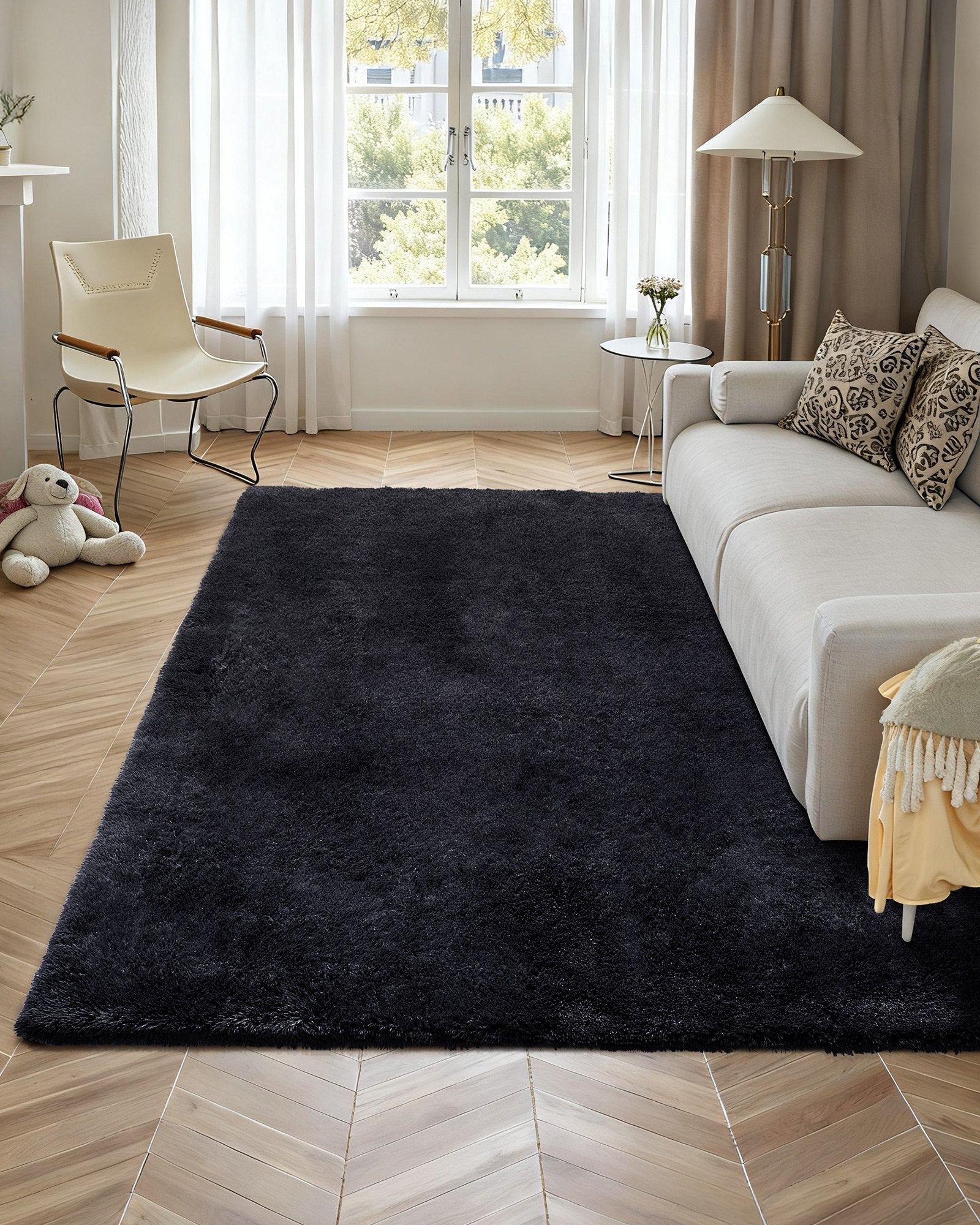 Plush Area Rug 2.44x3.05m Soft Shag Slip-Resistant Non-Shedding Bedroom Black
