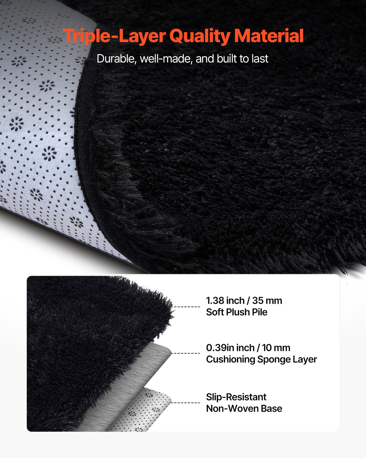 Plush Area Rug 2.44x3.05m Soft Shag Slip-Resistant Non-Shedding Bedroom Black