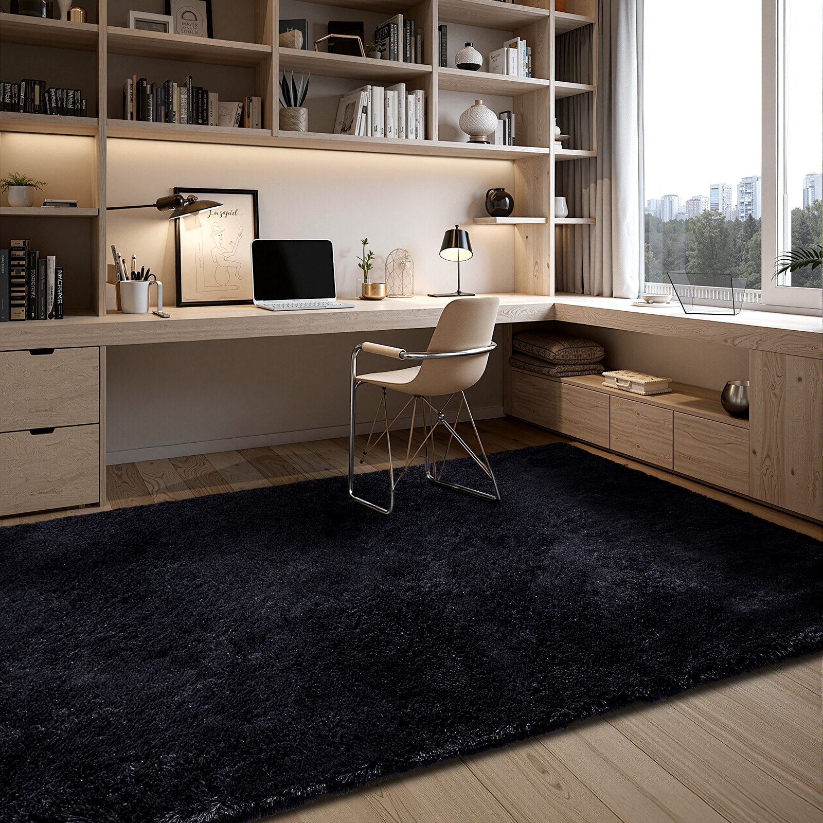 Plush Area Rug 2.44x3.05m Soft Shag Slip-Resistant Non-Shedding Bedroom Black
