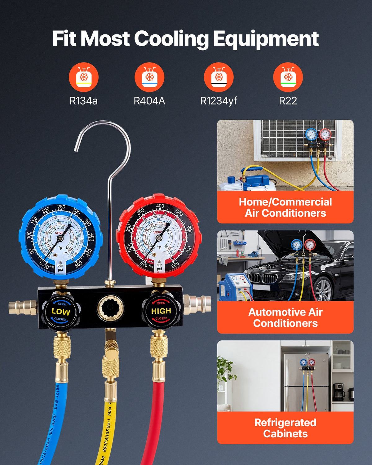 AC Manifold Gauge Set for R134a R404A R1234yf R22 with 1.5m Hoses Adapters