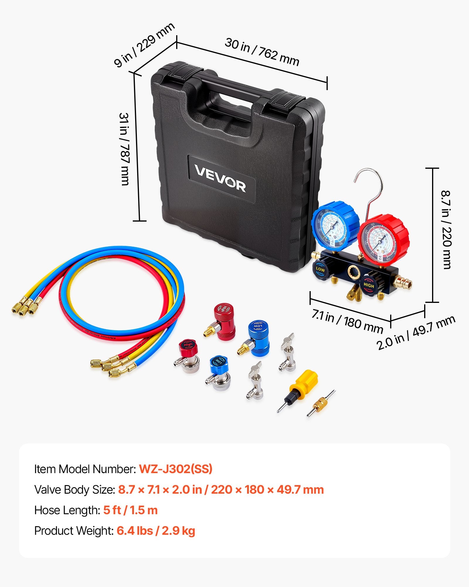 AC Manifold Gauge Set for R134a R404A R1234yf R22 with 1.5m Hoses Adapters