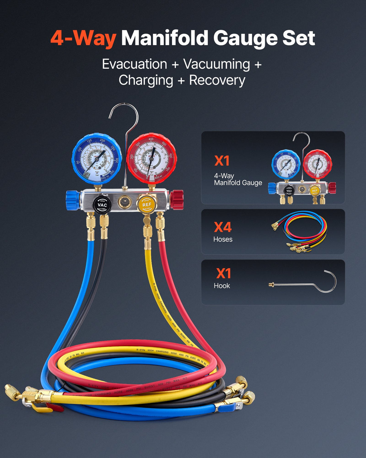 AC Manifold Gauge Set for R22 R404A R410A R12 4-Way with 1.5m Hoses