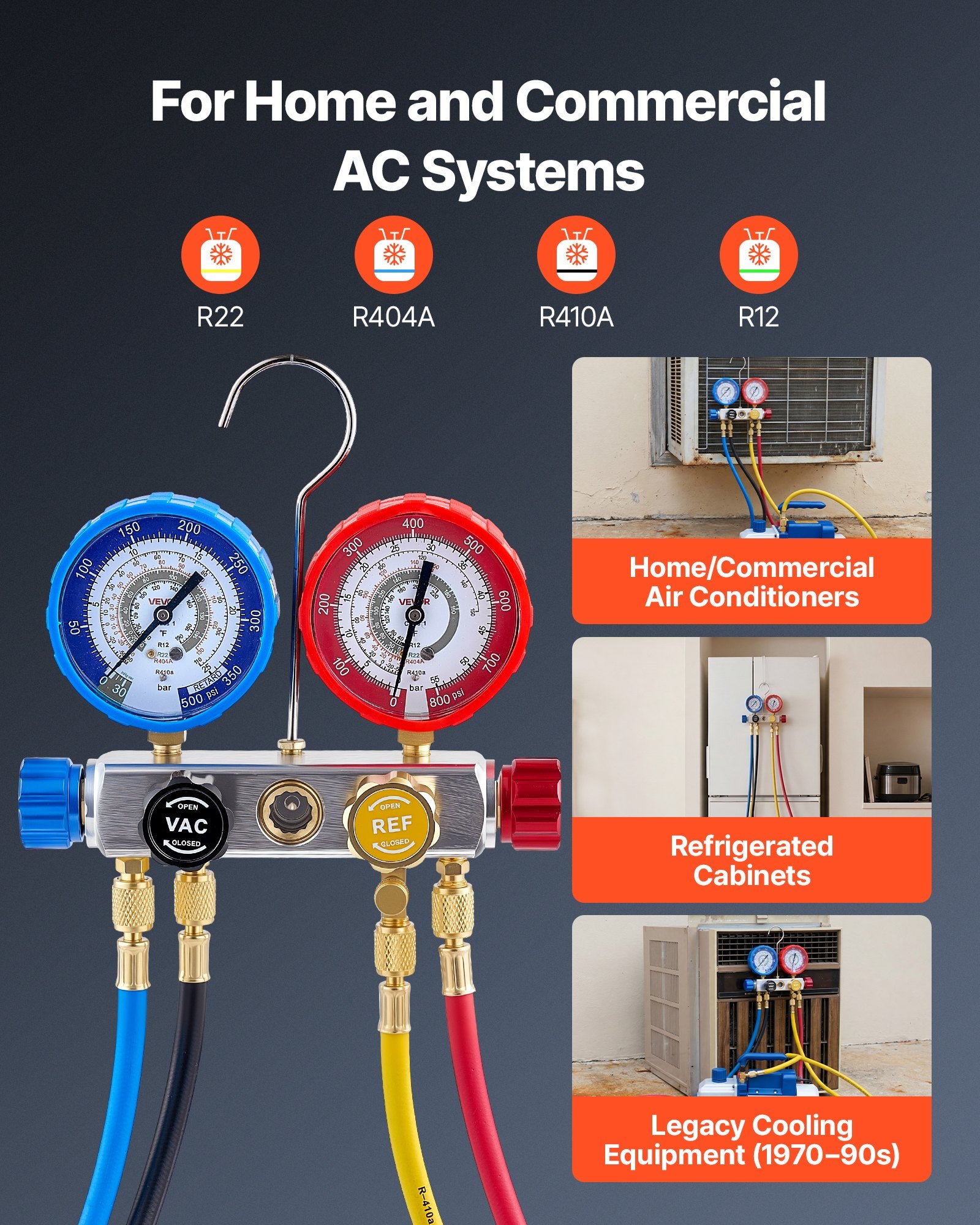 AC Manifold Gauge Set for R22 R404A R410A R12 4-Way with 1.5m Hoses