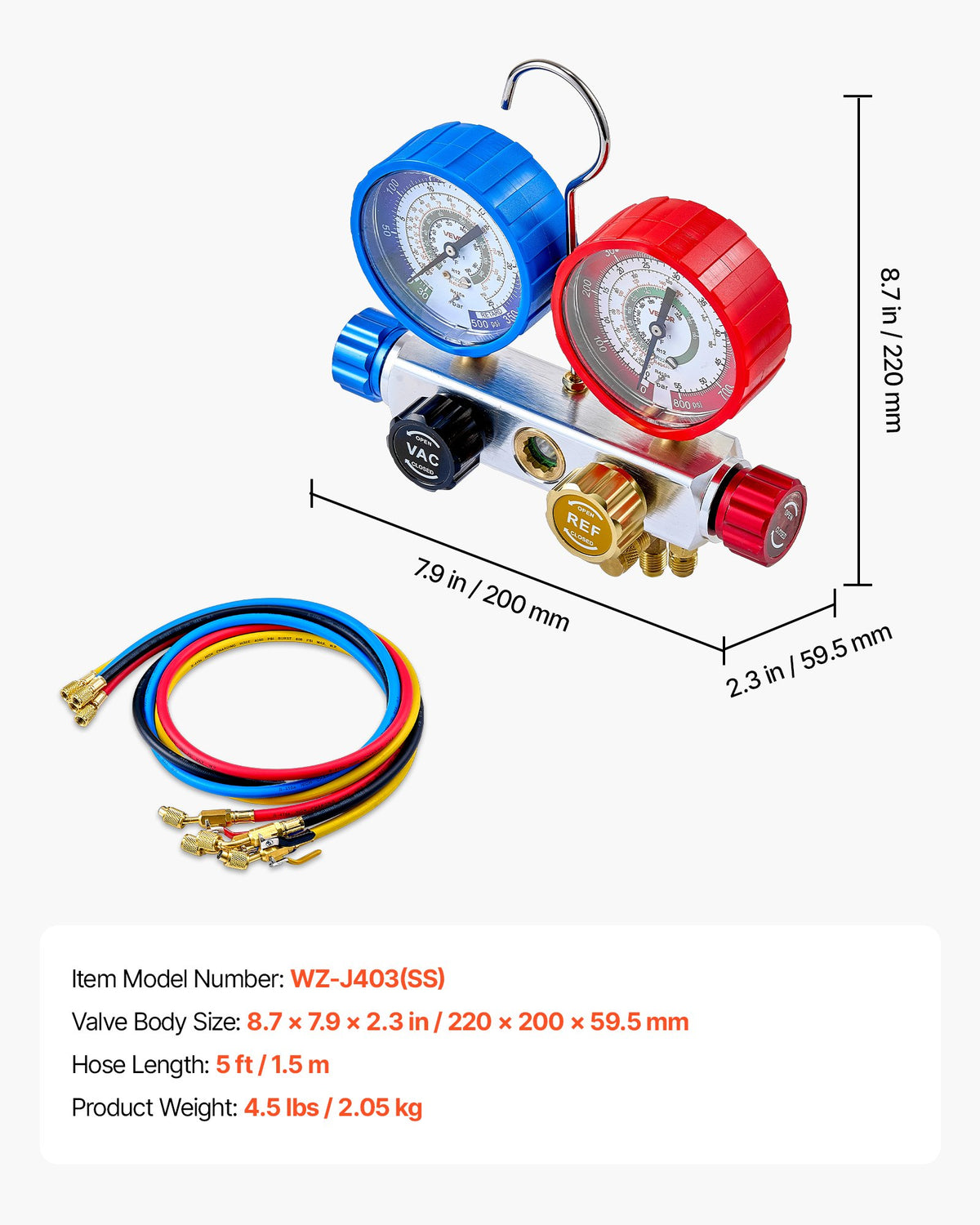 AC Manifold Gauge Set for R22 R404A R410A R12 4-Way with 1.5m Hoses