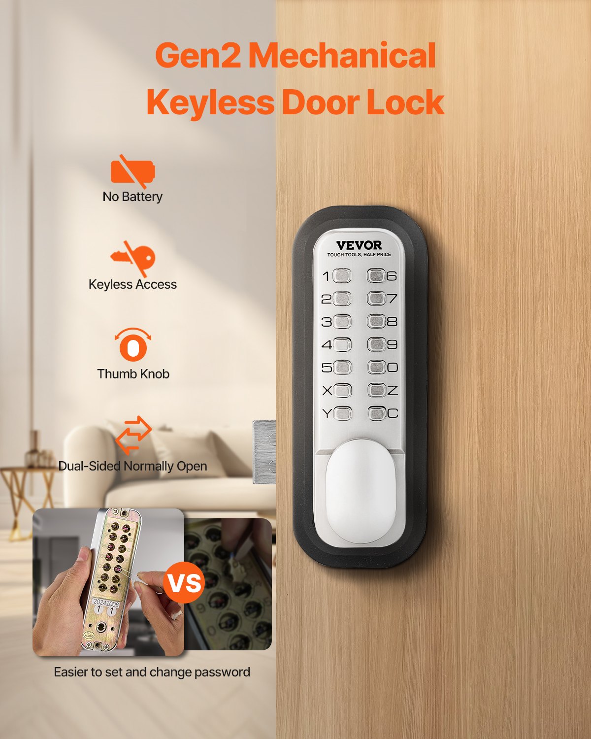 Mechanical Keyless Entry Door Lock 14 Key Keypad Zinc Alloy Waterproof Home