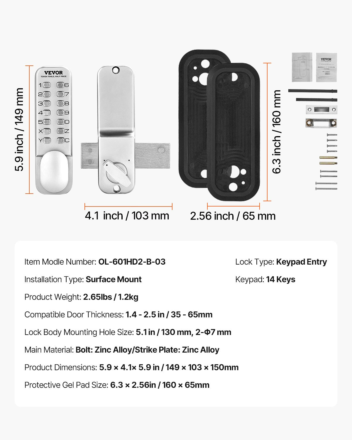 Mechanical Keyless Entry Door Lock 14 Key Keypad Zinc Alloy Waterproof Home
