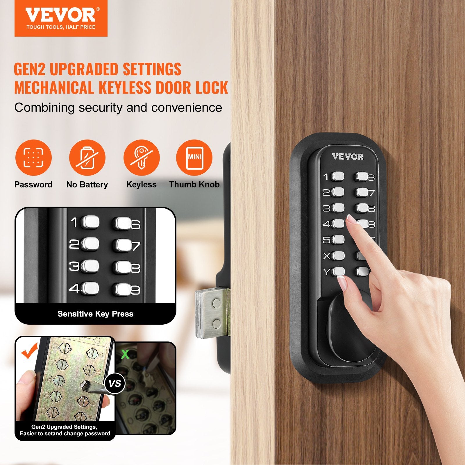 Door Lock Keyless Entry 14-Digit Keypad Zinc Alloy Surface-Mounted for Gate Lock