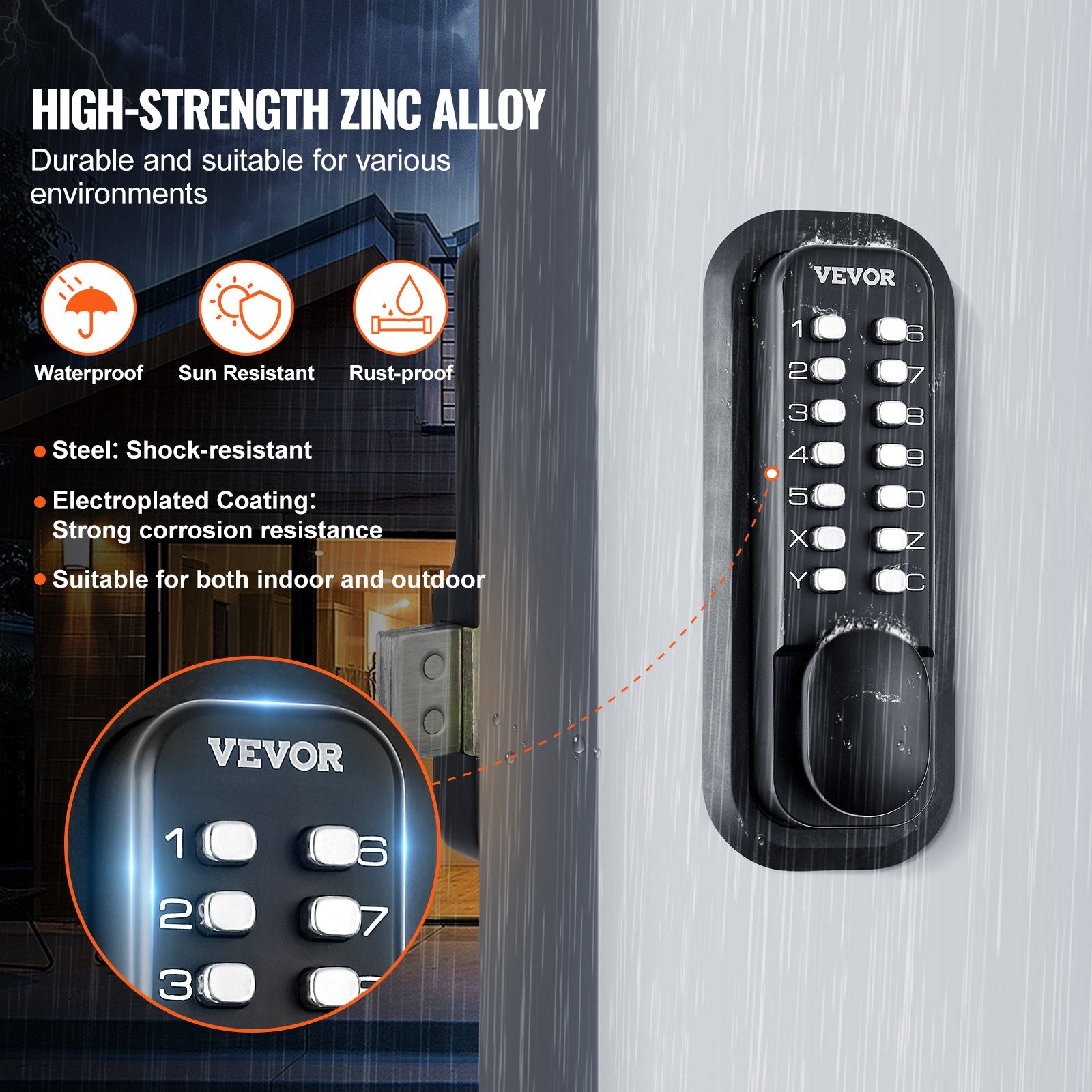 Door Lock Keyless Entry 14-Digit Keypad Zinc Alloy Surface-Mounted for Gate Lock