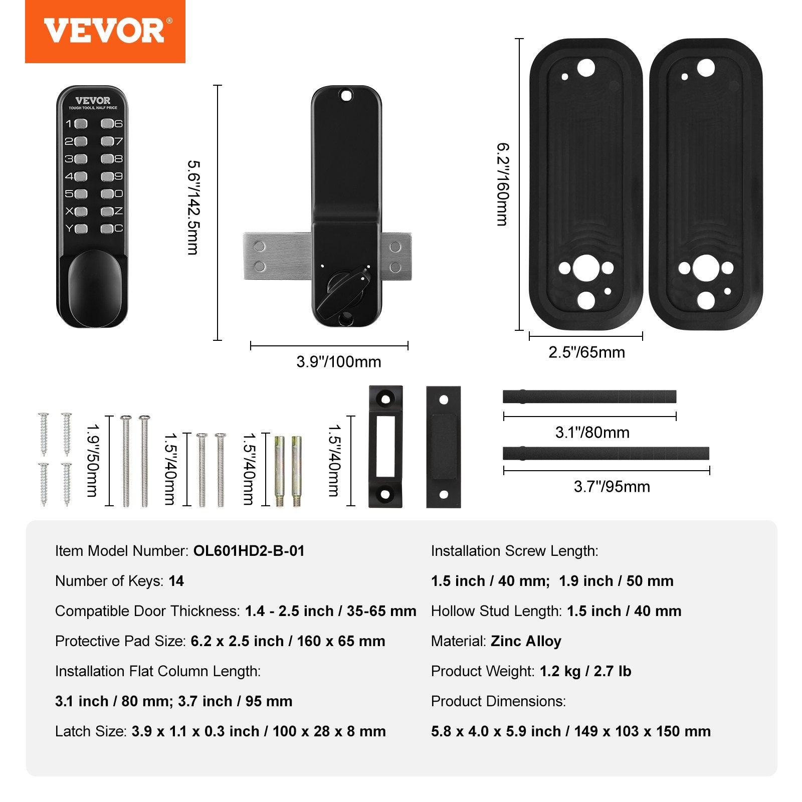 Door Lock Keyless Entry 14-Digit Keypad Zinc Alloy Surface-Mounted for Gate Lock
