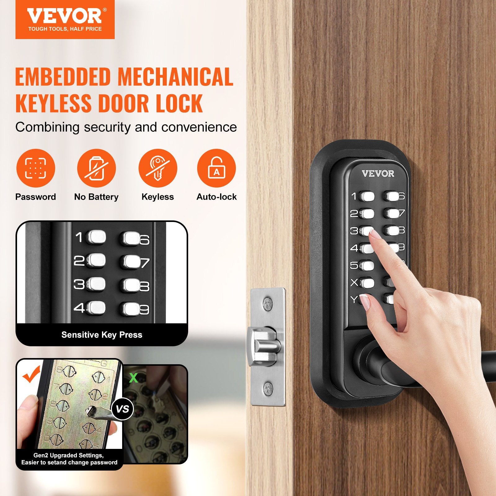 Mechanical Keyless Entry Door Lock 14-Digit Keypad Zinc Alloy Waterproof Garage