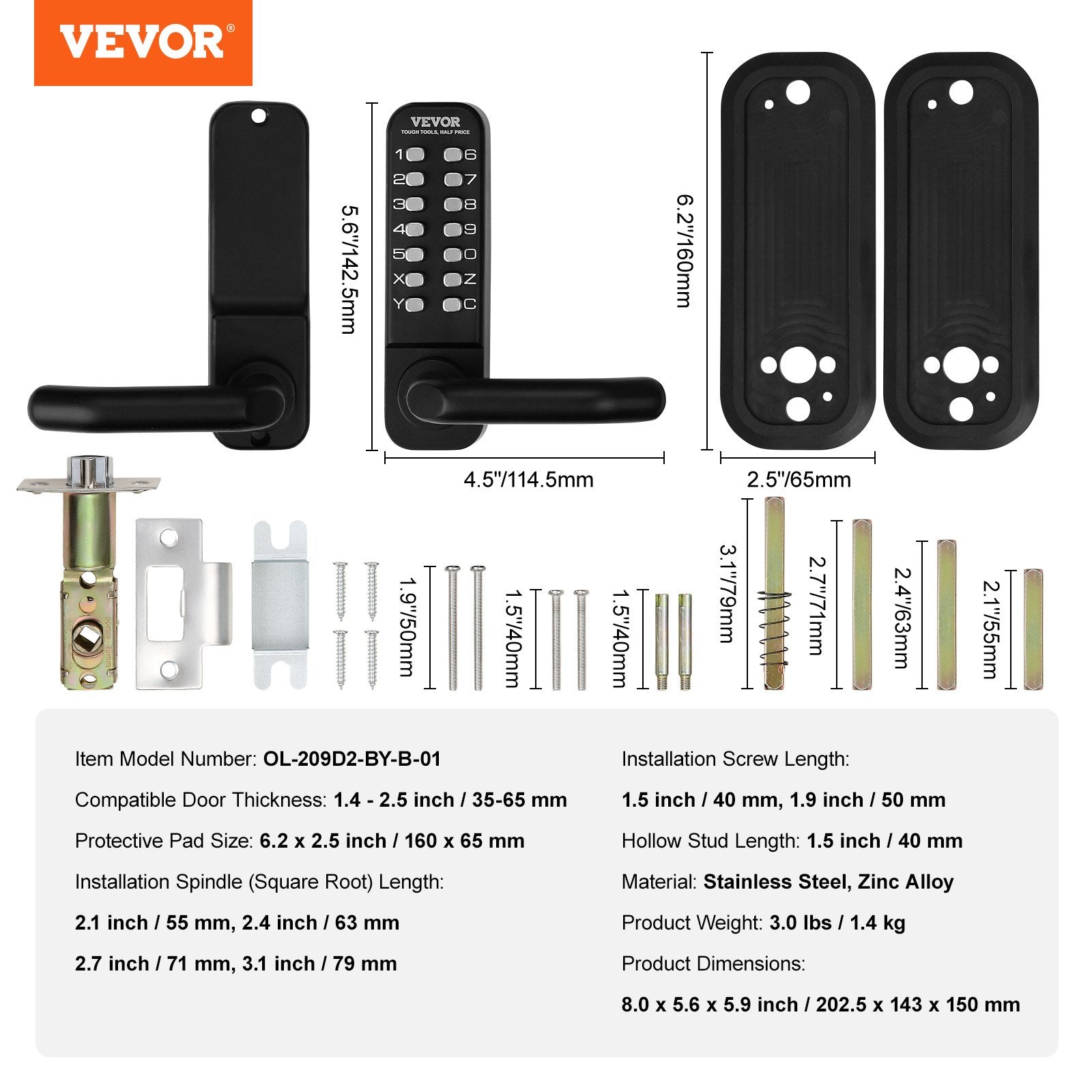 Mechanical Keyless Entry Door Lock 14-Digit Keypad Zinc Alloy Waterproof Garage