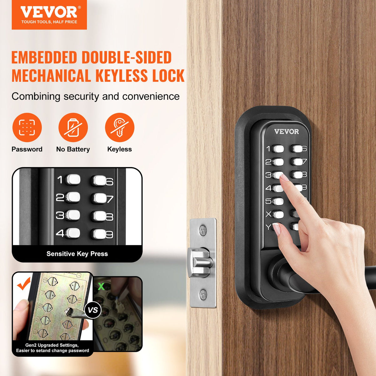 Mechanical Keyless Entry Door Lock 14-Digit Keypad Zinc Alloy Waterproof