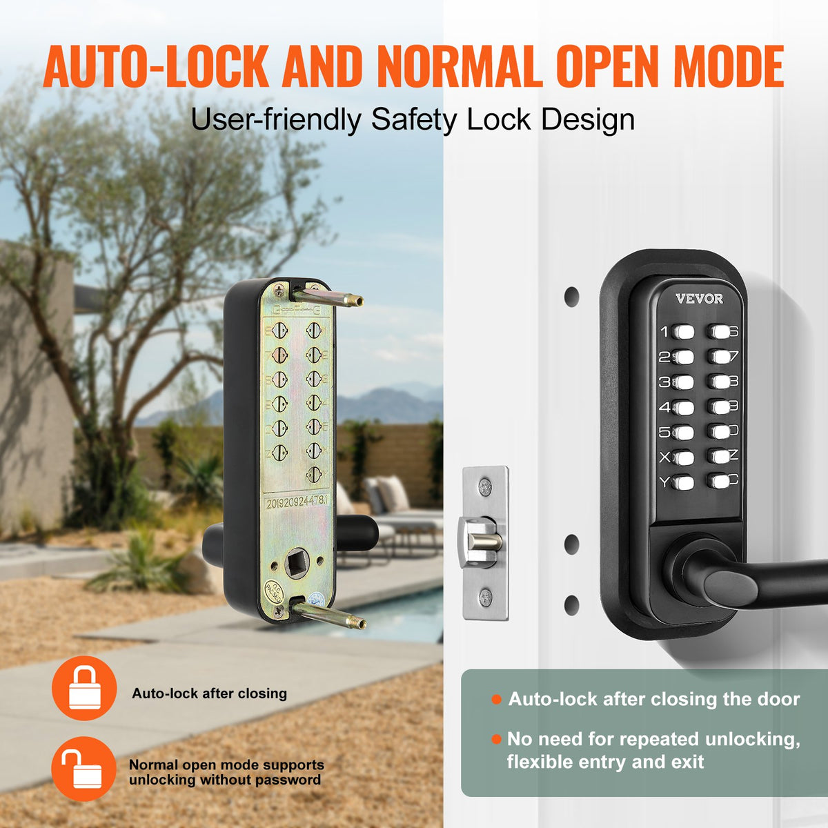 Mechanical Keyless Entry Door Lock 14-Digit Keypad Zinc Alloy Waterproof