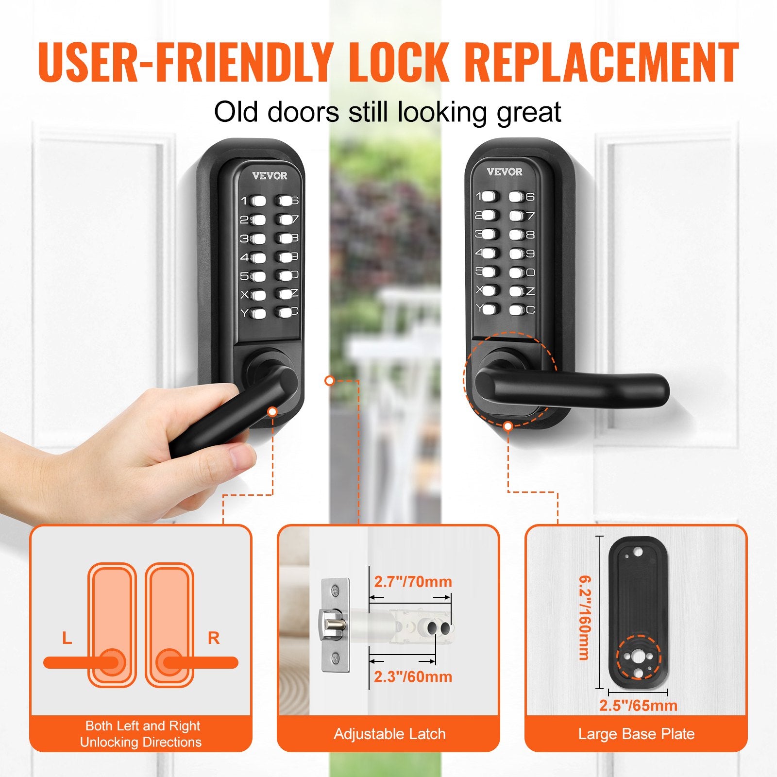 Mechanical Keyless Entry Door Lock 14-Digit Keypad Zinc Alloy Waterproof
