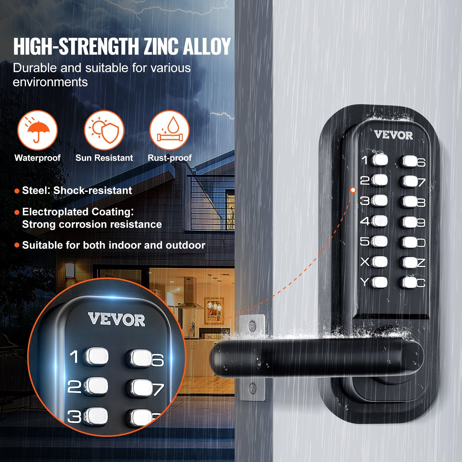 Mechanical Keyless Entry Door Lock 14-Digit Keypad Zinc Alloy Waterproof