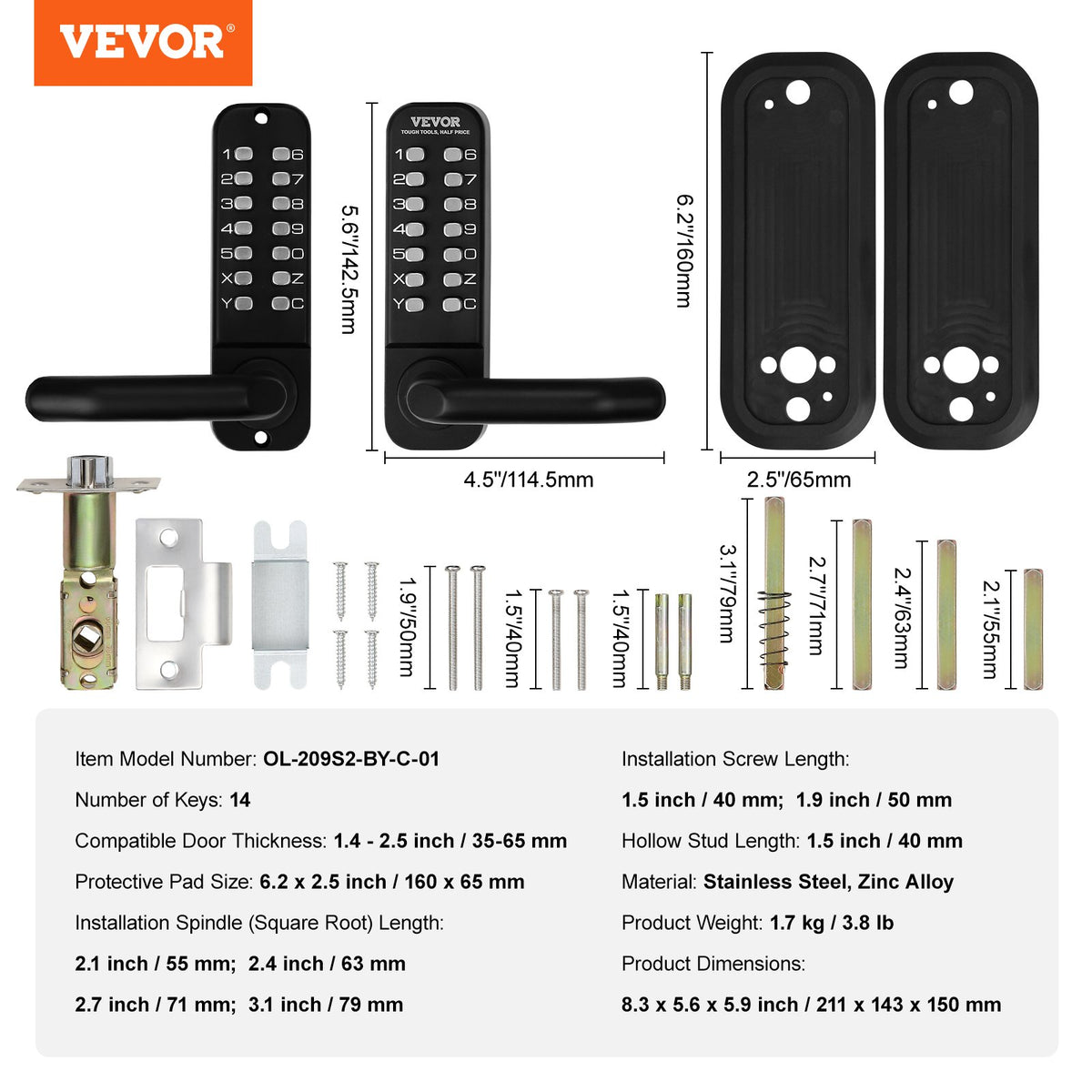 Mechanical Keyless Entry Door Lock 14-Digit Keypad Zinc Alloy Waterproof