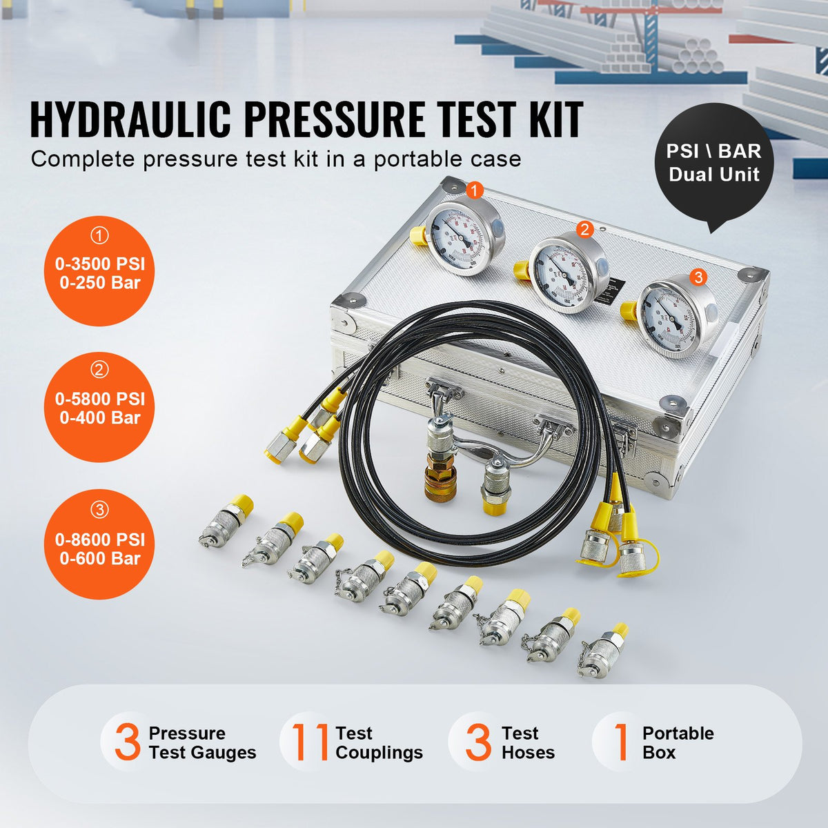 Hydraulic Pressure Test Kit 250/400/600bar w/ Gauges Hoses & Couplings
