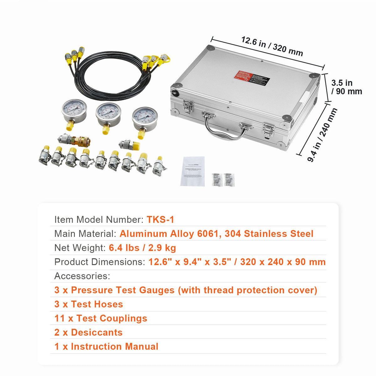 Hydraulic Pressure Test Kit 250/400/600bar w/ Gauges Hoses & Couplings
