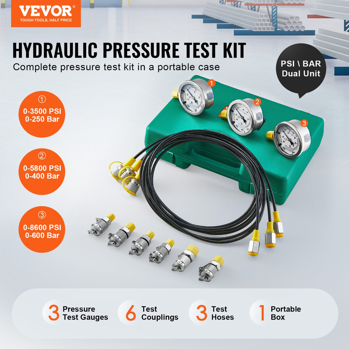 Hydraulic Pressure Test Kit 250/400/600bar 3 Gauges 6 Couplings 3 Hoses Case