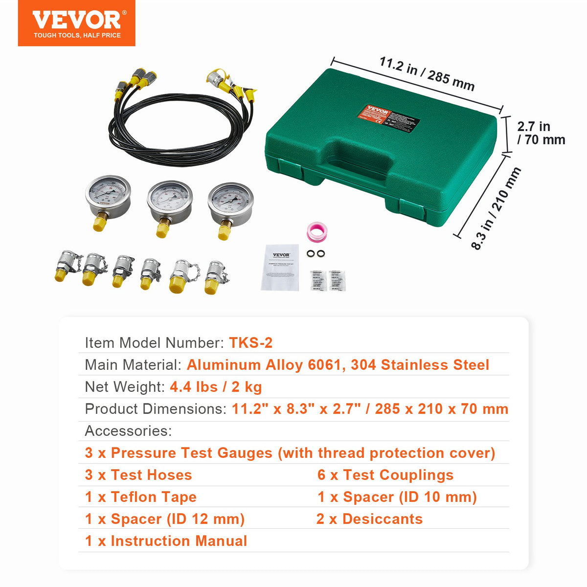 Hydraulic Pressure Test Kit 250/400/600bar 3 Gauges 6 Couplings 3 Hoses Case