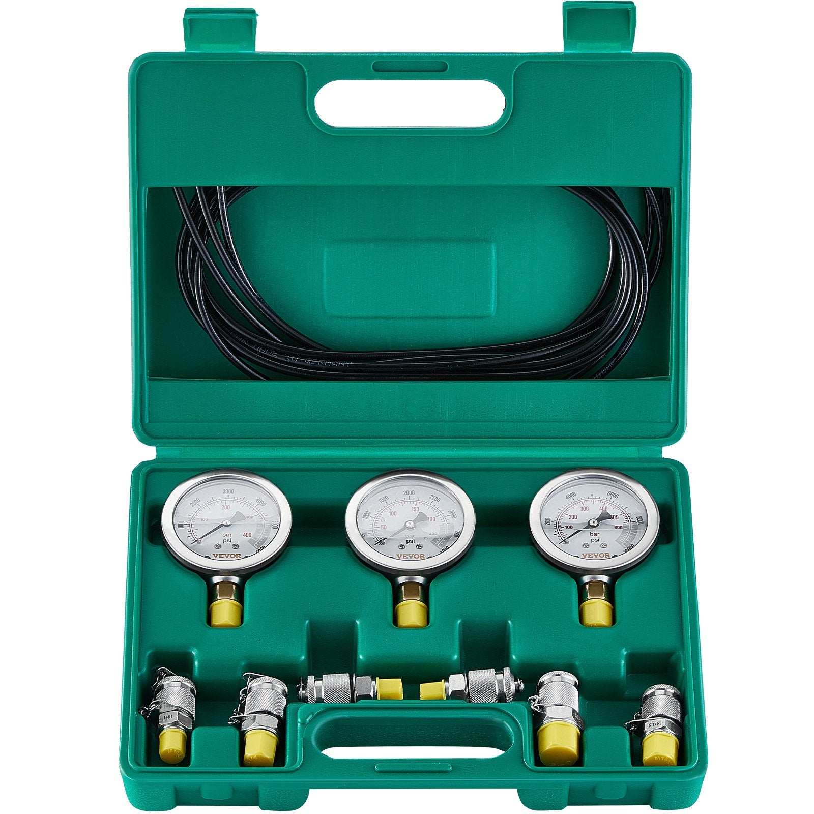 Hydraulic Pressure Test Kit 250/400/600bar 3 Gauges 6 Couplings 3 Hoses Case