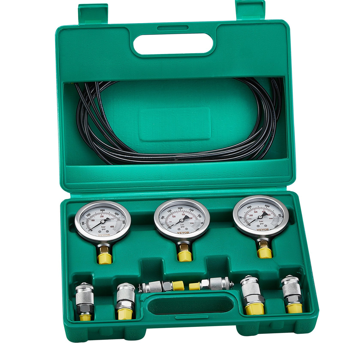Hydraulic Pressure Test Kit 250/400/600bar 3 Gauges 6 Couplings 3 Hoses Case