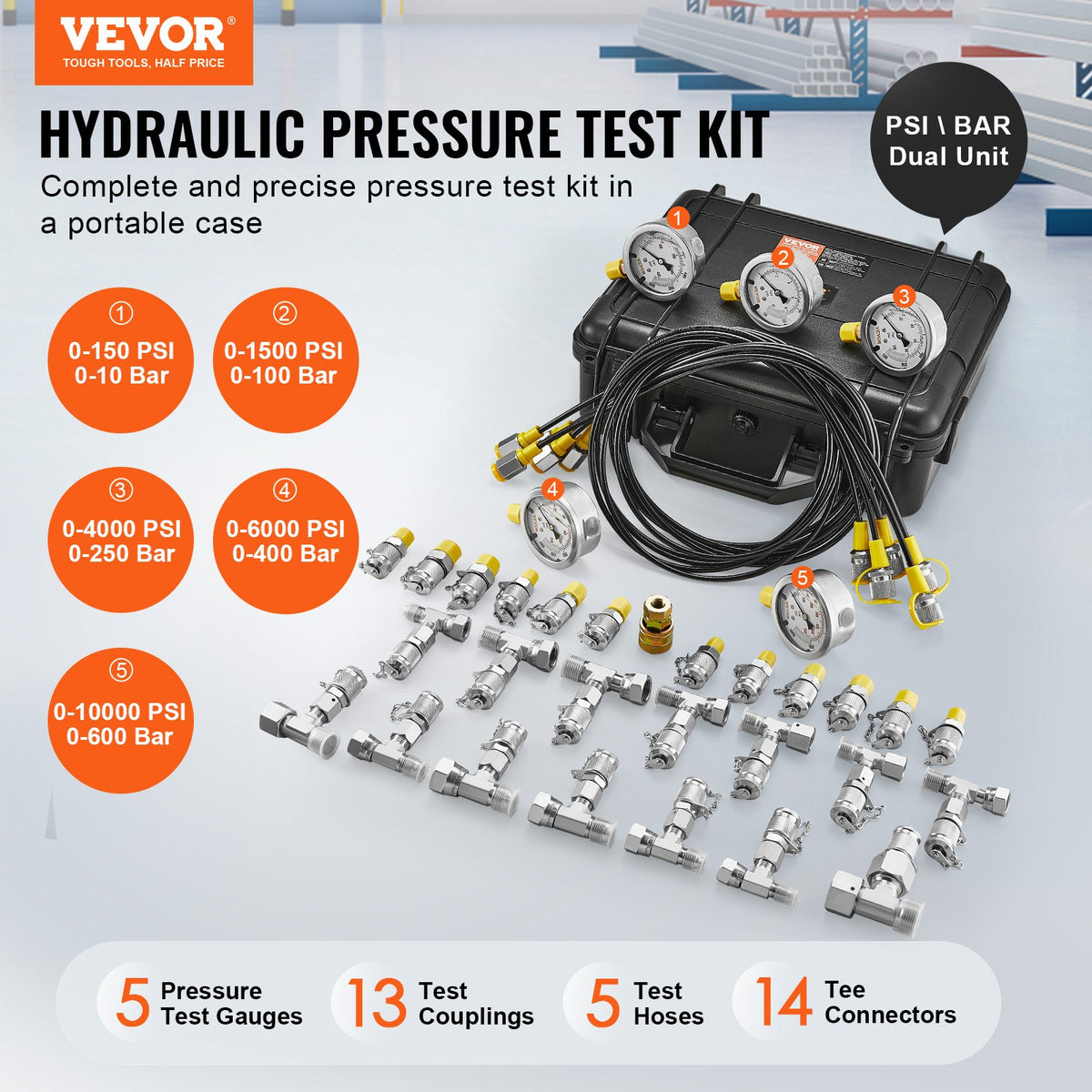 Hydraulic Pressure Test Kit, 10-600bar with 5 Gauges, Hoses, Couplings & Case