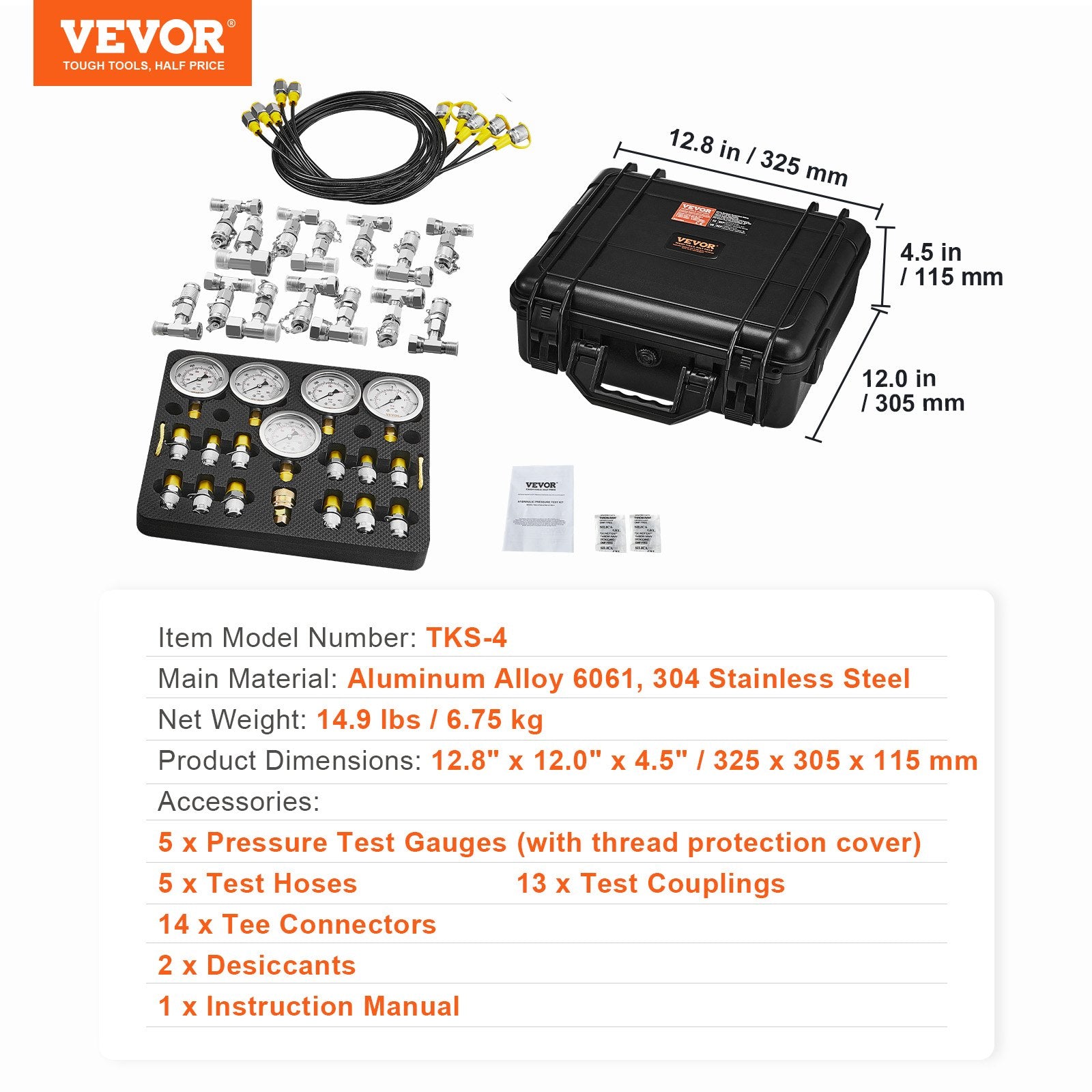 Hydraulic Pressure Test Kit, 10-600bar with 5 Gauges, Hoses, Couplings & Case