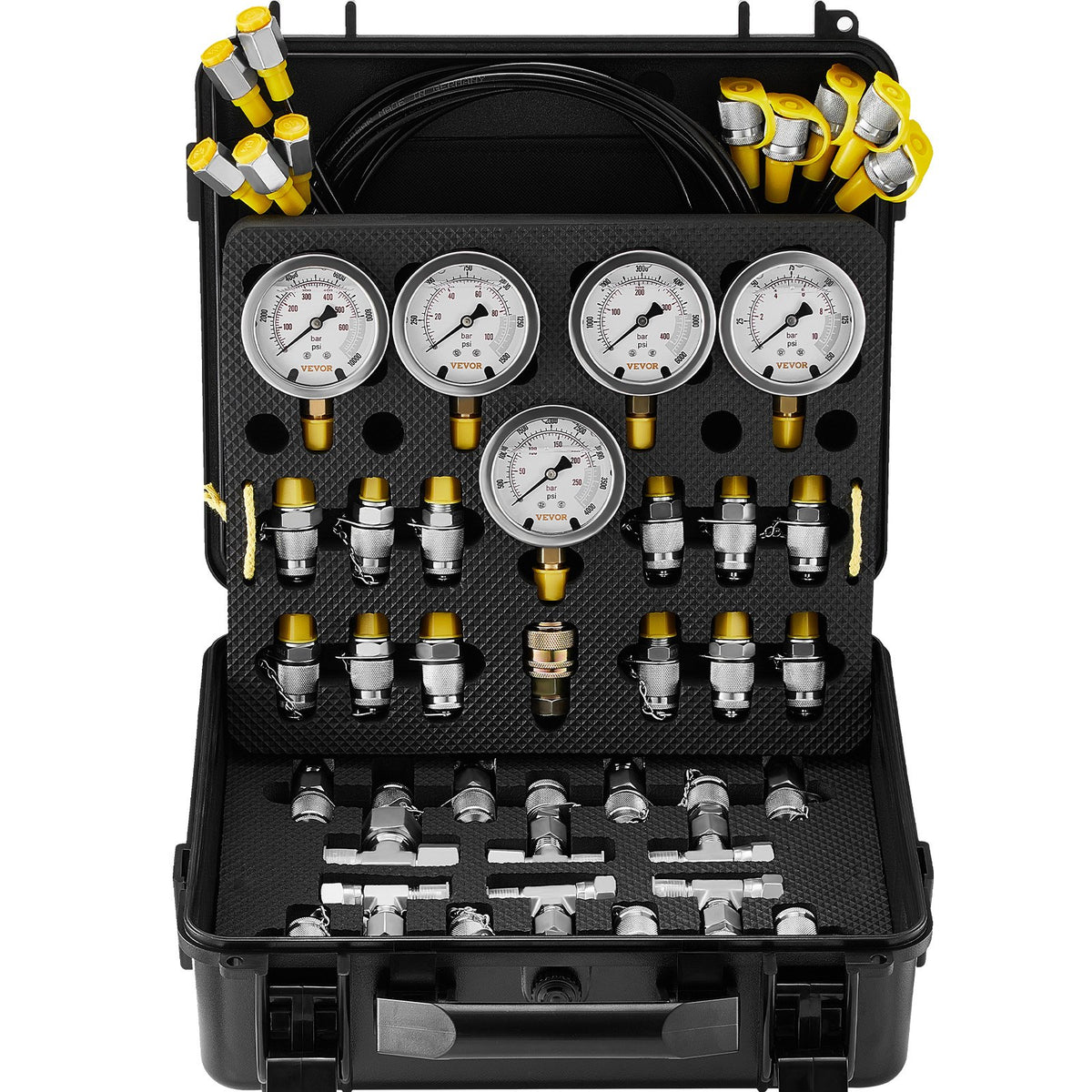 Hydraulic Pressure Test Kit, 10-600bar with 5 Gauges, Hoses, Couplings & Case