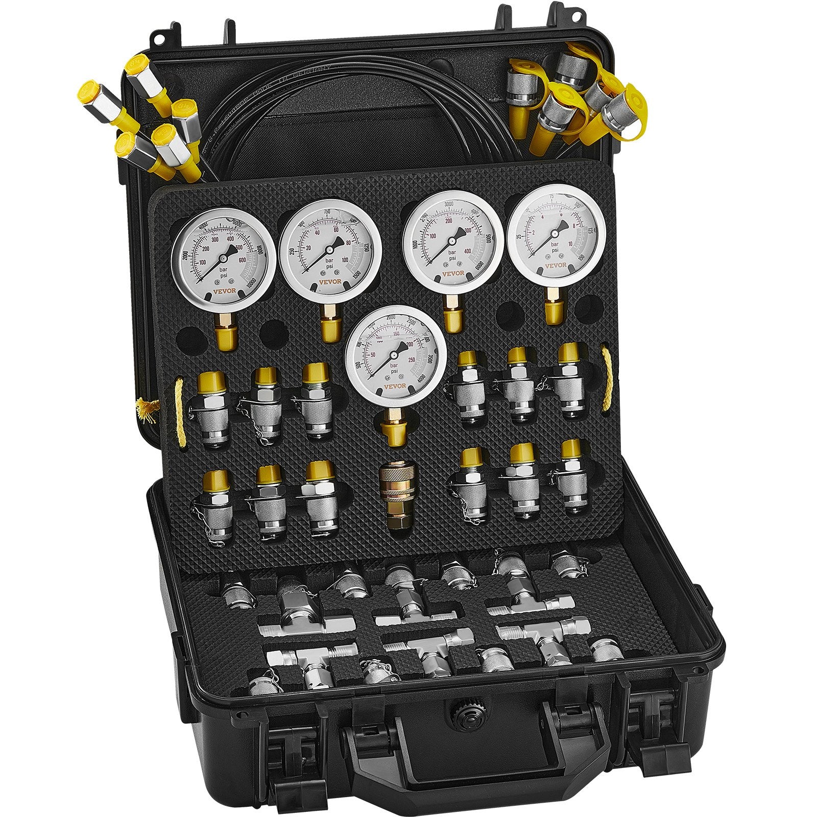 Hydraulic Pressure Test Kit, 10-600bar with 5 Gauges, Hoses, Couplings & Case
